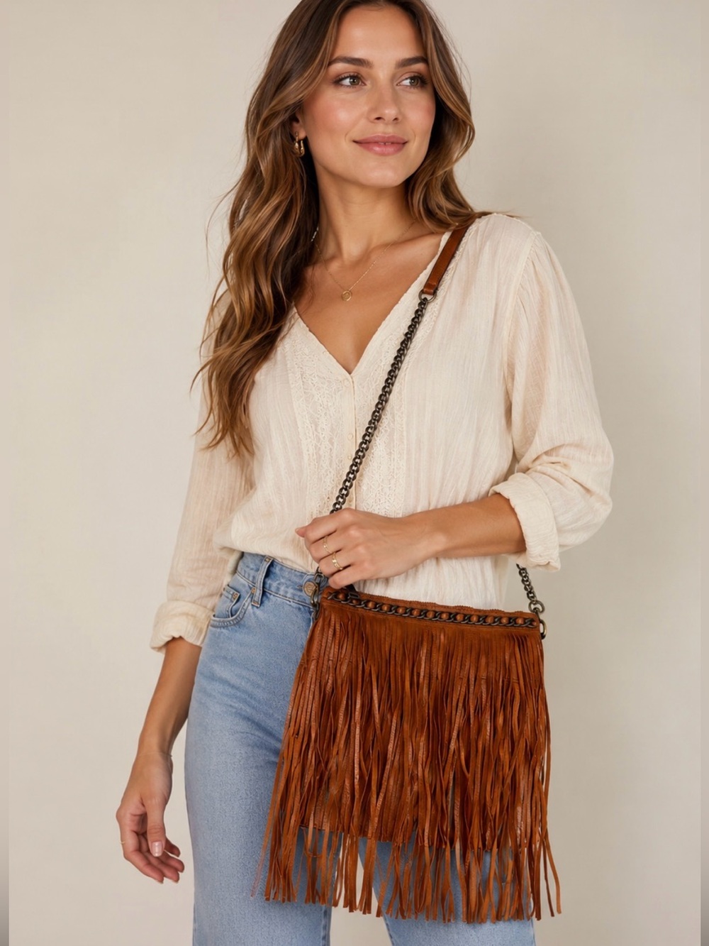 MMS Cognac Brown Faux Leather Fringe Crossbody Shoulder Bag Chain Strap Boho 10”